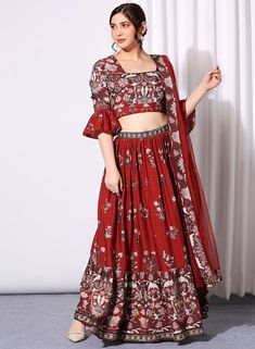 Soup By Sougat Paul-Merlot Red Printed Skirt Set-INDIASPOPUP.COM Square Neck Lehenga, Floral Printed Skirt, Red Lehenga, Printed Skirt, Net Dupatta, Indian Fashion Designers, Lehenga Designs, Floral Print Skirt, Red Skirts