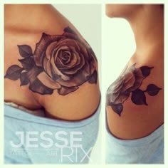 a woman's breast with a rose tattoo on it