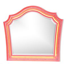 a mirror that is sitting on top of a table with lights around it and the reflection in the mirror