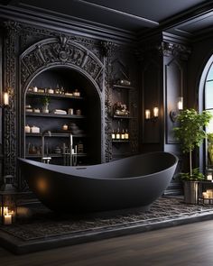 a bathtub sitting in the middle of a room next to candles and potted plants