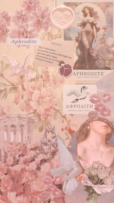 a collage with flowers, birds and pictures on it's side that says aphrodite