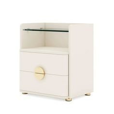 a white cabinet with two drawers and a gold handle on the bottom shelf, against a white background