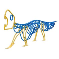 a blue and yellow sculpture is shown against a white background with the shape of a dog's head