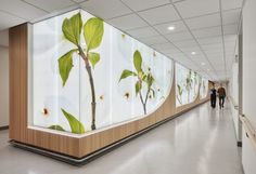 people walking down a long hallway in an office building with large glass panels on the wall