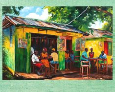 a painting of people sitting at tables in front of a small hut with green doors