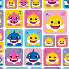 an image of many different types of baby shark faces on squares with music notes in the background