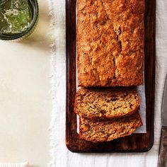 sliced loaf of banana bread on a cutting board