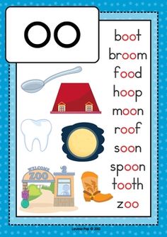 a blue and white poster with words that say,'o bot broom food hoop moon spoon