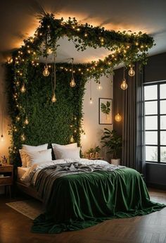 a bedroom decorated with greenery and lights