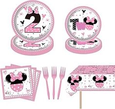 minnie mouse 1st birthday party supplies including plates, napkins and utensils set