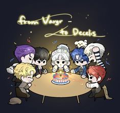 five cartoon characters sitting around a table with a birthday cake in front of them and the words from vary to deuts written on it