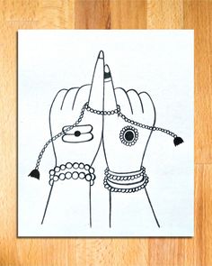 a drawing of two hands with chains and rings on their wrists, one holding the other's hand