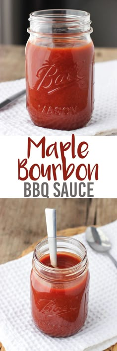 a jar filled with barbecue sauce sitting on top of a wooden table next to a spoon