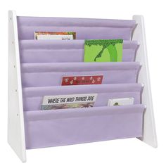 a purple and white book rack with three pockets