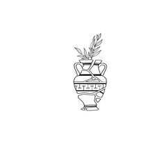 a black and white drawing of a vase with a plant in the middle, on a white background