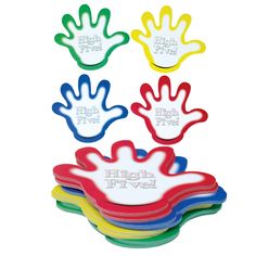 five different colored hand prints with the words high five written in white on each one