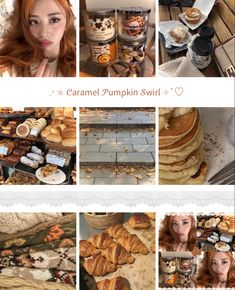 a collage of photos showing different types of breads and pastries, with the caption caramel pumpkin swirl