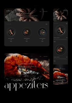 the appetizers website is displayed in black and white, with an image of lobsters on it