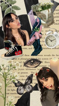 a collage of photos with different items including a clock, flowers and a woman's face