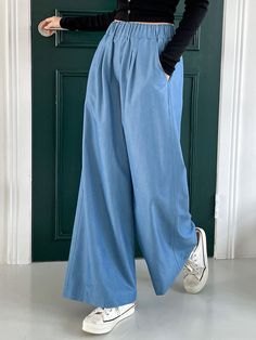 Casual Blue Oversized Bottoms, Relaxed Blue Wide-leg Bottoms, Washed Blue Relaxed Fit Wide-leg Pants, Cod Set, Blue Wide-leg Pants With Drawstring, Blue Wide Leg Pants With Elastic Waistband, Relaxed Fit, Jeans Pants Outfit, Women Crew Socks, Everyday Fashion Outfits