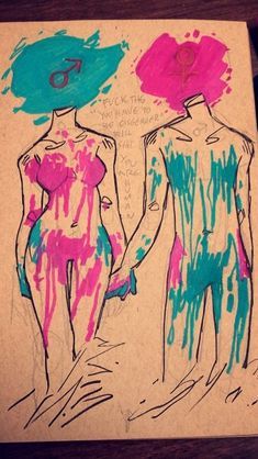 a drawing of two women in swimsuits with paint splattered on them