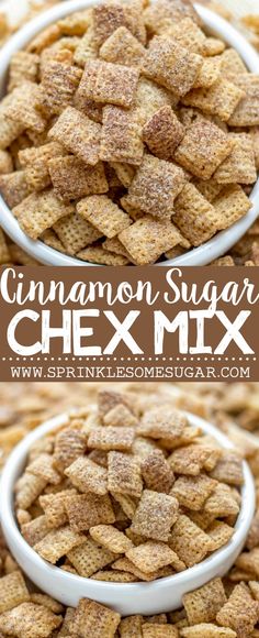 cinnamon sugar chex mix in two white bowls on top of each other with text overlay