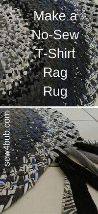 two pictures showing how to make a no sew t - shirt rag rug