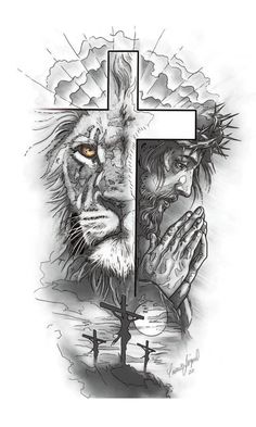 a lion and a cross tattoo design