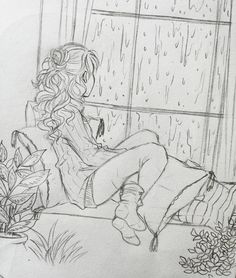 a pencil drawing of a woman sitting on a window sill looking out the window