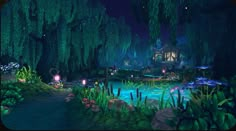 an animated scene of a pond and forest at night with fairy lights on the trees