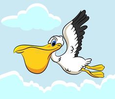 a cartoon pelican flying through the sky with clouds in the background stock photo