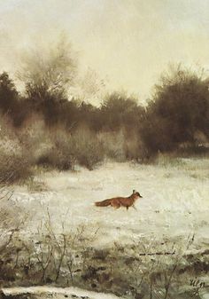 a painting of a dog in the snow