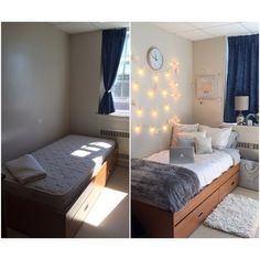 two pictures of a bedroom with a bed, desk and laptop computer on the table