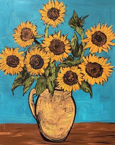 a painting of sunflowers in a vase on a table