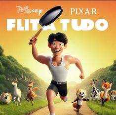 the character from pixar is running with his arms in the air and holding a frying pan