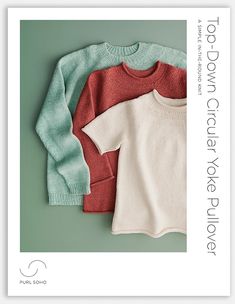 two knitted sweaters with long sleeves are shown in three colors, one red and one green