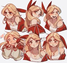 four different poses of a woman with blonde hair and red capes on her head