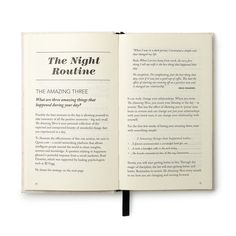 an open book with the title'the night routine'written in black on it