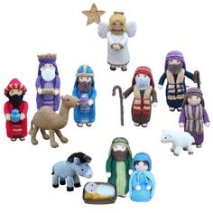 knitted nativity figurines in various colors and sizes