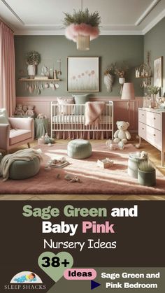 a baby pink nursery room is featured in this ad for sage green and baby pink nursery ideas