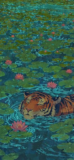 a painting of a tiger swimming in the water with lily pads around it's neck