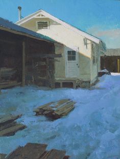 an oil painting of a snow covered yard with a house in the background and two wooden sleds on the ground