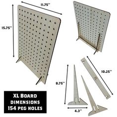 three different sizes of peg boards with measurements