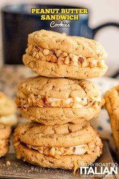 peanut butter sandwich cookies stacked on top of each other