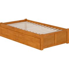 a wooden bed frame with two drawers on each side and one drawer at the bottom