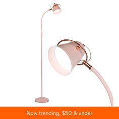 a pink lamp with the words now trending, $ 50 & under on it