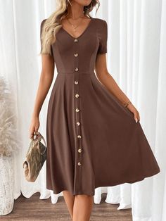 Women's Elegant V-Neck Short Sleeve  A-Line Dress Coffee Brown Casual  Short Sleeve Knitted Fabric Plain A Line Medium Stretch  Women Clothing, size features are:Bust: ,Length: ,Sleeve Length: Short Fall Dresses, Sixth Form, Hot Leggings, Long Dress Casual, Jeans Casual, Short Dresses Casual, Harajuku Fashion, Knee Length Dresses, Womens Midi Dresses