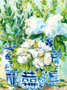 a painting of white flowers in blue vases