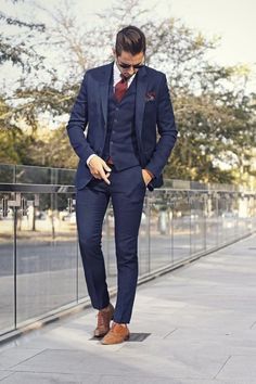 This is a Premium 3 Piece Suit by  crafted from high quality fabric and imported materials. Our products are handcrafted by experienced tailors who make sure the that the stitching is precise, lining is proper and the overall product is sturdy enough to not go out of shape for more than a few years. Also all our products have extra margins in their length, sleeves, sides so it's easily alterable if your size changes after some time. To see more available colours and designs in this collection, C Wedding Suits Men Blue, Dapper Grooms, A Man In A Suit, Man In A Suit, Groom Looks, Navy Suit