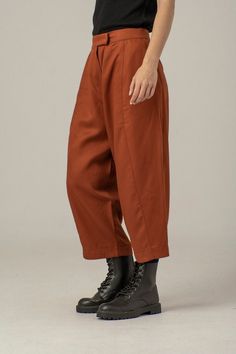 "Burnt Orange Boyfriend Pants, Wide Baggy Pants, Women Trousers ABOUT THE PANTS: Pants with side pockets and comfortable loose cut. Closure with button and zipper. They fit perfectly different body shapes. They are comfy and stylish for an everyday city look. *CARE* - Hand wash in cold water/ Dry Cleaning - Machine 30oC *COLORS* Please, always remember that colors of images may look a bit different because of the specifics of your monitor's settings. Model is wearing size M. She is 5'9\"/170 cm Dark Orange Pants Outfit, Orange Baggy Trousers, Rust Trousers Outfit, Burnt Orange Pants Outfit, Rust Pants Outfit, High Water Pants, Burnt Orange Pants, Orange Pants Outfit, Orange Minimalist